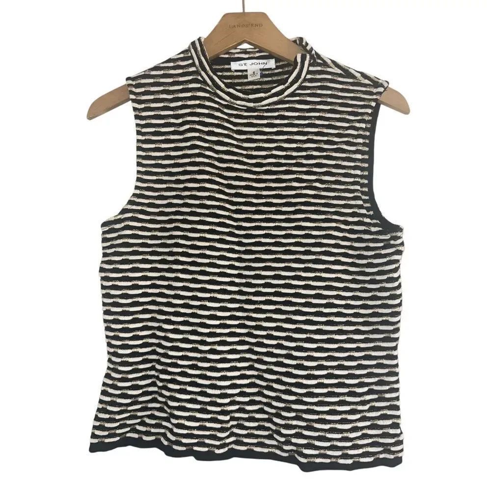 ✨ST. JOHN Knit Sz Small Sweater Vest Shell Sleeveless Striped Black White Gold✨